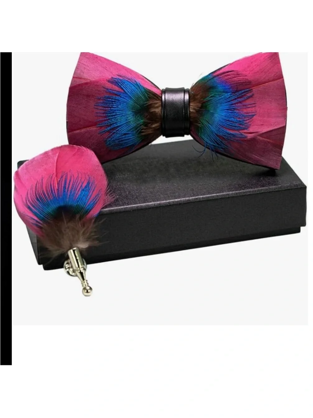 Men’s Handmade Pink and Peacock Feather Pre Tied Bow tie and Matching Lapel Pin
